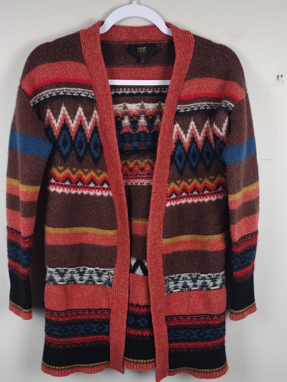 Frye Sadie Wool Orange Multicolored Fair Isle Aztec Inspired Open Front Cardigan